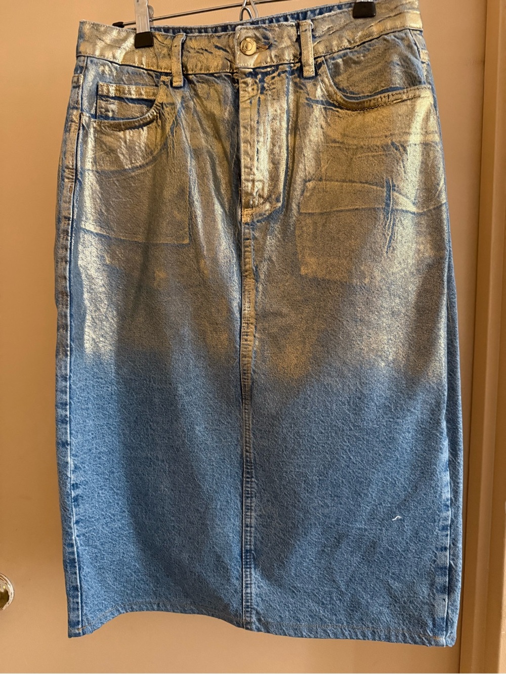 Zara Blue Denim Midi Skirt with Gold Metallic Wash